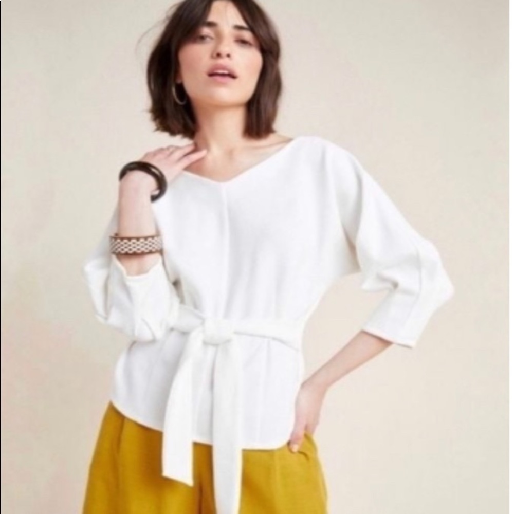 Anthropologie structured ribbed tie front top white size small